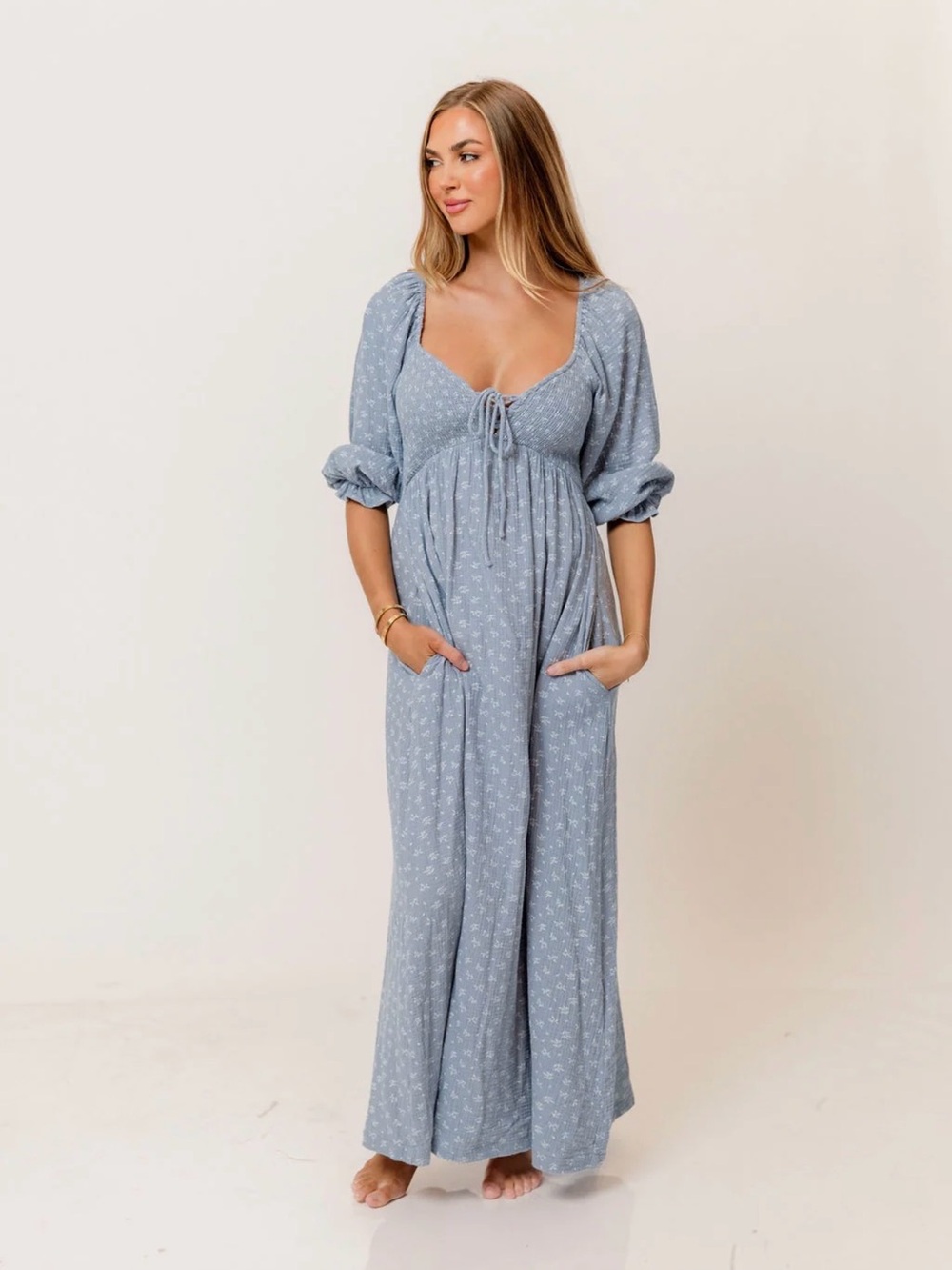 Light Blue Floral Puff-Sleeve Maxi Dress with Tie Front